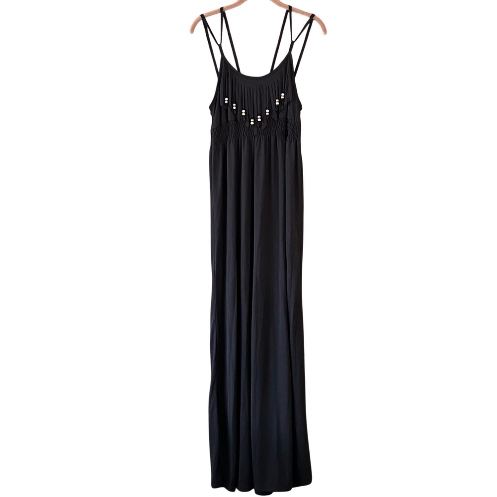 Eye Candy Womens Black Fringe Beaded Maxi Dress Smocked Waist Size L Boho Summer